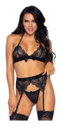 Bra top, garterbelt & g-string svart