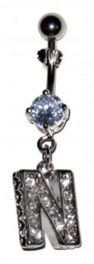 Navel Piercing med vita kristaller - bokstaven N