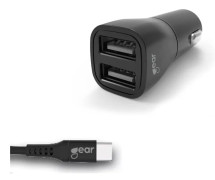 GEAR Laddare 12-24V 2xUSB 3.4A Svart USB-C 2.0 Kabel 1m
