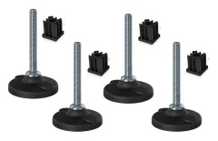 Rostfri fot 12x100x80mm, plast med hål+insatser 30x30x1,5mm -Set om 4