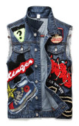Herr punk denim väst broderi väst, slim fit jeans ärmlös jacka