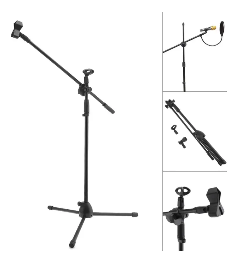 Professionellt svängarmsgolv metallstativ, mikrofonhållare, mikrofonstativ, justerbart scenstativ med popfilter för tillval - 155mm popfilter