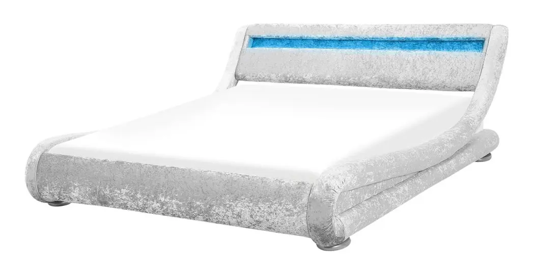 Vattensäng Plattform Silver Sammet Klädd Ram med Madrass Tillbehör LED Belysning 160 x 200 cm Modern Design