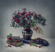 Chrysanthemums, Old Books And Chinese Date Poster
