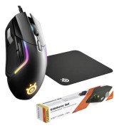 Steelseries Rival 5, Qck Medium Bundle Ergonomisk gaming-mus Bredbånd Optisk Sort 9 Knapper 18000 dpi Ergonomisk korrekt, Belyst