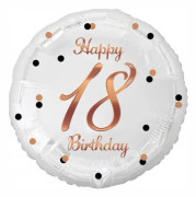 GoDan Happy 18th Birthday folieballong, vit, tryck i roséguld, 18" (GODA2484) - 5902973147933