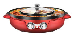 Hotpot med grill Elektrisk | 2 i 1 | Fondue | Grillplatta Koreansk grill Köttgryta Gourmeten | Aluminium Röd