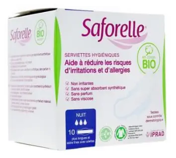 Saforelle Protection Night Pads i ekologisk bomull med vingar 10 enheter
