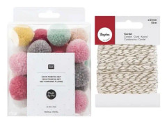 24 pastellfärgade ullpompoms + Guld & amp; vitt snöre 15 m