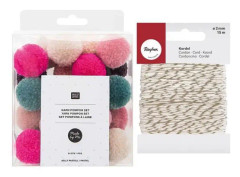 24 flickiga ullpompoms + Guld & amp; vitt snöre 15 m