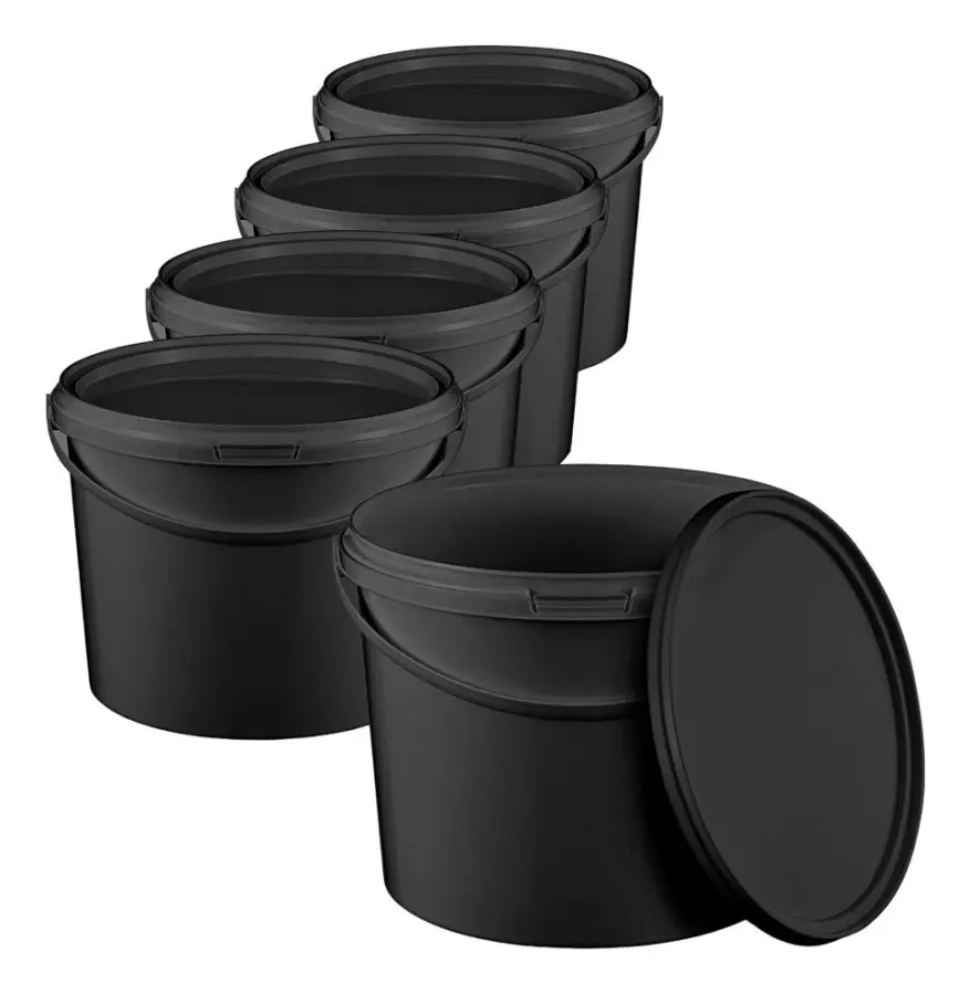 Hink med lock 10l svart - livsmedelssäker, stabil, lufttät, läckagesäker, luktfri - förvaringsbehållare i plast, med handtag - tom, 5x 10 liter