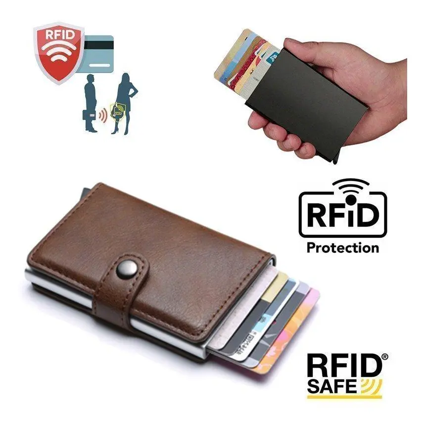 PopUp Smart card holder pushes forward 8 Cards RFID-NFC Secure - Brown Brun