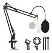 Mikrofonstativ med mikrofon pop filter och stötdämpad bom sax arm arm