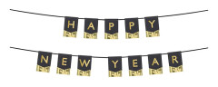 PartyDeco Happy New Year, Girlang, papper, Svart, Guld, Bild, Nyårsafton, Tak, Vägg