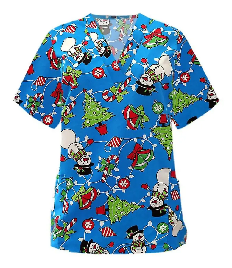 Kvinnor Nursing Uniform Scrub Short Sleeve T-shirt Xmas Blus Tee Toppar Blå M