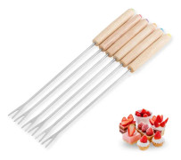 Stainless Steel Wooden Handle Chocolate Fork Hot Pot Forks Cheese Fruit Dessert Fork Fondue Melting Skewer Kitchen Tools, Random Color Delivery