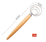 2 PCS 13 Inch Oak Handle Flour Mixer Dough Stainless Steel Mixing Rod Coil Whisk Three Circle Agitator