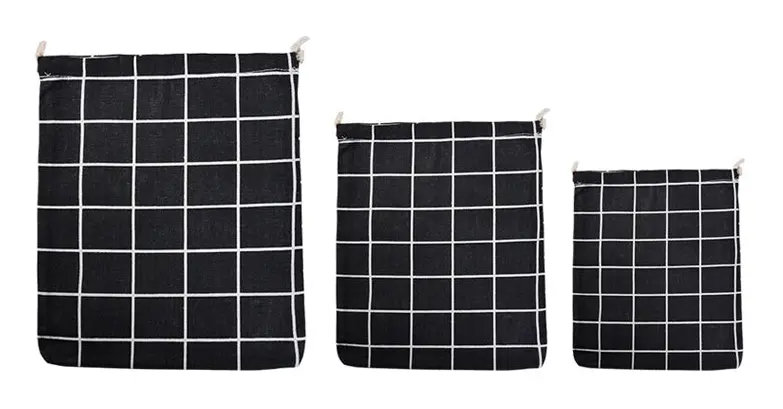 Cotton Linen Drawstring Pocket Sundries Storage Bag, Specification: Small+Medium+Large(Black Lattice)