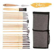 24 In 1 Nylon Wool Brush Canvas Storage Bag Set Oil Painting Gouache Watercolor Brush(Wooden Brushesx24Storage Bag)