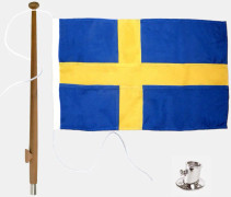 Flaggpaket med båtflagga Adela Original, Sverige, marinpolyester 170 g / m², 120 x 75 cm + flaggstång 120 cm i teak + flaggstångsfäste rostfritt stål