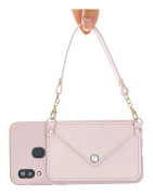 För Huawei Y5 2018/2019/Y6 2019/Y7 2019/PSMART Z/Y9 2019 Mobiltelefontäckning med Pu Card Holder Hand Rope Straddle Pink