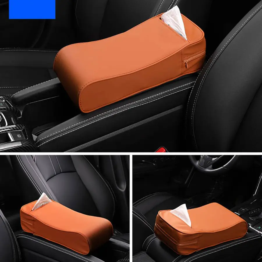 2-i-1 Car Armrest Pad Paper Tissue Holder Towel Box Central Arm Rest Memory Foam Cushion Parts brun