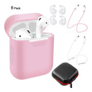 6 Pcs/Set Silicone Protective Cover & Receiving box Anti Lost Strap Ear Hooks för Apple AirPods Case Pink Color