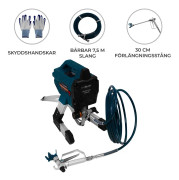 Airless Färgspruta Kommersiell Högtryck Luftlös Elektrisk Väggfärg Sprutpistol 0,43 mm Spets 7,5 m Slang 2900PSI 1,4L/Min 650W 240V 208 bar Handskar