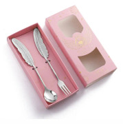 304 Stainless Steel Feather Spoon Fork Literary Tableware,Style: 2 In 1 True Color -Pink Box