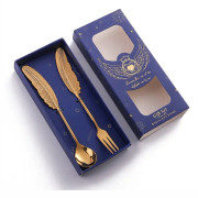 304 Stainless Steel Feather Spoon Fork Literary Tableware,Style: 2 In 1 Titanium-Blue Box