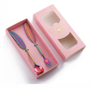 304 Stainless Steel Feather Spoon Fork Literary Tableware,Style: 2 In 1 Dazzle-Pink Box