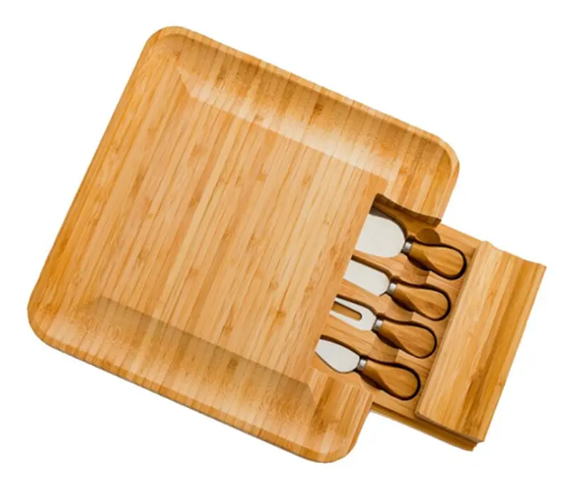 Bamboo Cheese Board With Cutter Cheese Drawer Plate, Size: 33x33x3.5cm(Square)