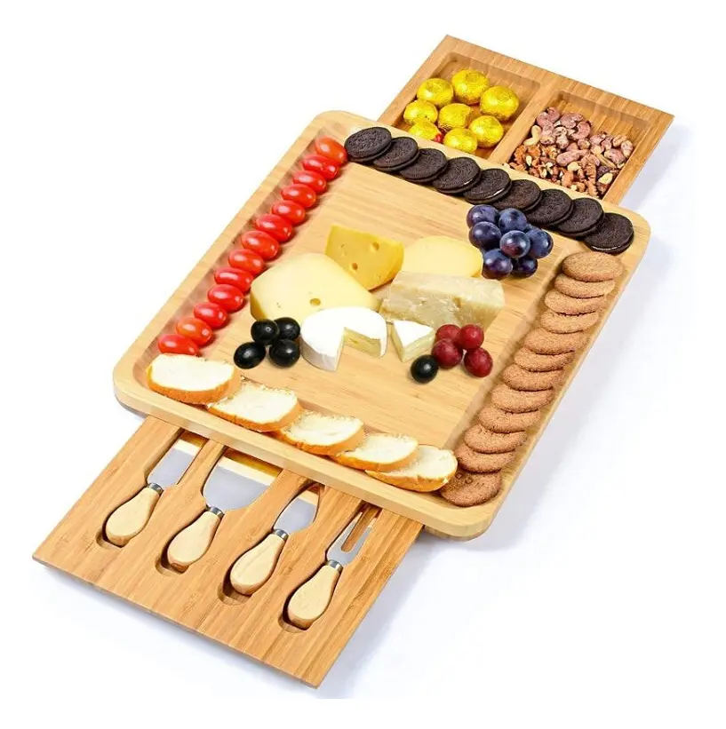 39 x 33 x 3.8cm Natural Bamboo Cheese Board +4 Knife Set