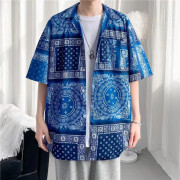 Women Hawaiian Lapel Shirt Retro Ethnic Style Printing Jacket Loose Casual Cardigan Tops For Couple 1301 blue 3XL