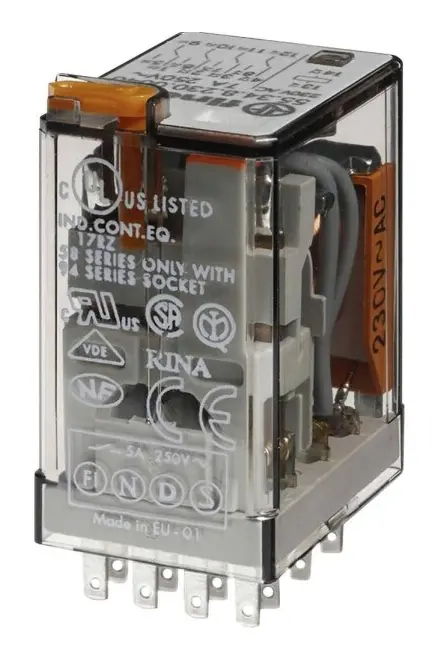 FINDER Industrirelæ 7A (15A), 4CO, 230VAC for sokkel serie 94. Låsbar testknap, LED (AC) og mekanisk indikator.