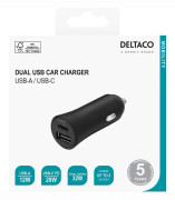 USB car charger DELTACO 1x USB-C, PD 20 W, 1x USB-A, 12 W, 32W, metal / USBC-CAR121