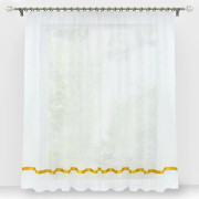Korta skira fönstergardiner i transparent voile med satinband med gult volangband H/L 225 x 450cm