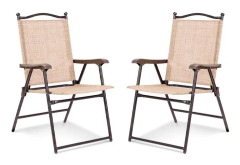 COSTWAY Set med 2 hopfällbara trädgårdsstolar i textilen och metall, trädgårdsfåtölj med armstöd, ryggstöd för stranden, campingbeige