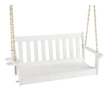 COSTWAY 2-sits hängande trädgårdsbänk 120 x 46 cm med dold mugghållare Justerbara säkerhetskedjor Rostsäker 320 kg Vit