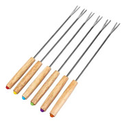 Stainless Steel Wooden Handle Chocolate Fork Hot Pot Forks Cheese Fruit Dessert Fork Fondue Melting Skewer Kitchen Tools, Random Color Delivery