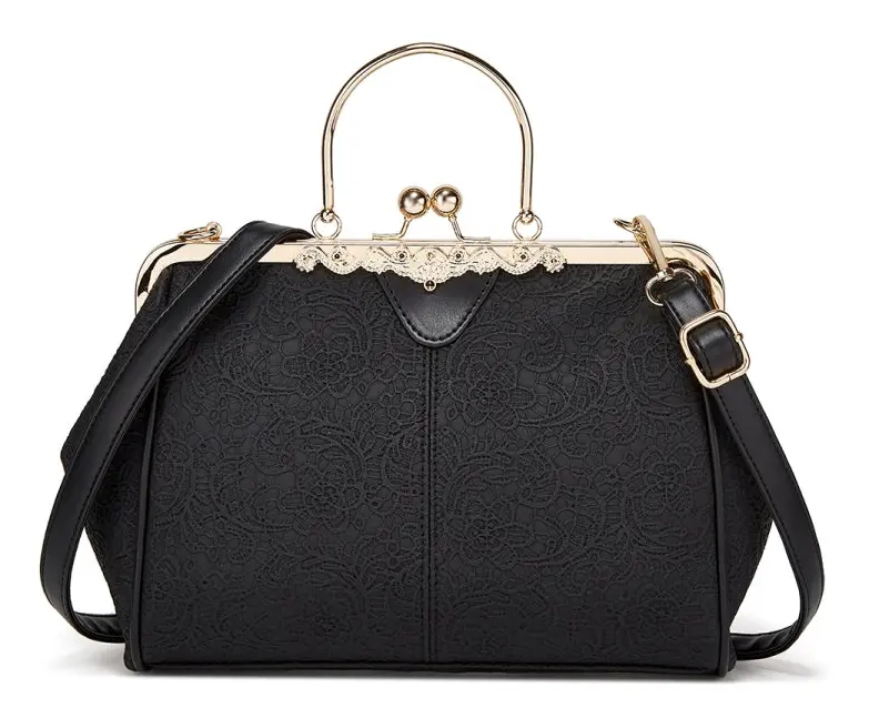 036 Vintage Spänne Handväskor Läder Justerbar Crossbody-väska (Spetssvart)