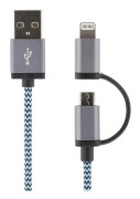 Ny Tygklädd USB-Kabel med både lightning-kontakt och Micro USB (blå)