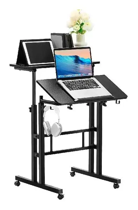 40 lbs lastkapacitet 26,4"-44,9" justerbar höjd sitt-stå skrivbord med 23,6" x 23,6" bordsskiva och 360° svängbara hjul, 0-45° tiltbar design