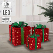 Dekorativa julklappar, set om 3 med LED-lampor i grönt/rött med rosetter och timer