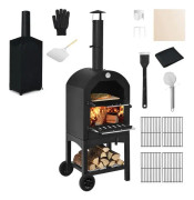 COSTWAY utomhusgrillspizzaugn med pizzasten, skållningshandske, vattentätt lock, 2 grillar, dubbel termometer