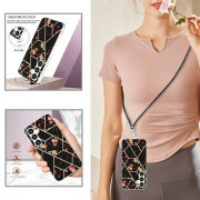 For Samsung Galaxy S24 5G Electroplating Splicing Marble Flower IMD TPU Phone Case with Lanyard(Black Flower)