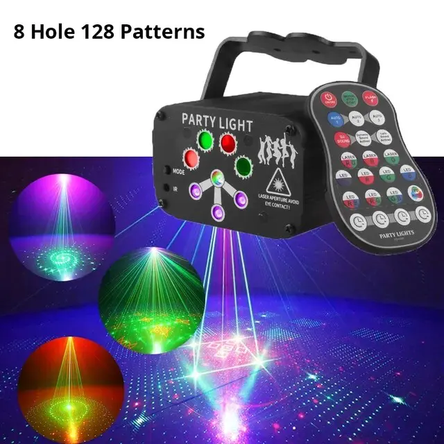 Laserljusprojektor, RGB, USB-uppladdningsbar, 8 hål 128 mönster, USB -laddning