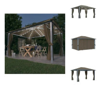 The Living Store Paviljong med gardin & ljusslinga LED 4x3m taupe aluminium