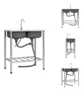 The Living Store Campingdiskbänk med dubbla handfat och kran rostfritt stål