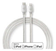 Lightning Kabel | USB 2.0 | Apple Lightning, 8-stifts | USB-C™ Hane | 480 Mbps | Guldplaterad | 1.00 m | Rund | Flätad / Nylon | Aluminium / Silver |